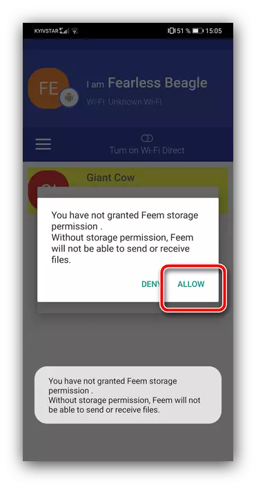 Issue permissions to a mobile client to transfer files from Android to a computer via FeEM program