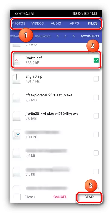 فیبر پروگرام کے ذریعہ ایک کمپیوٹر پر لوڈ، اتارنا Android فائل میں فائلوں کو بھیجنے کے لئے اعداد و شمار کی وضاحت کریں