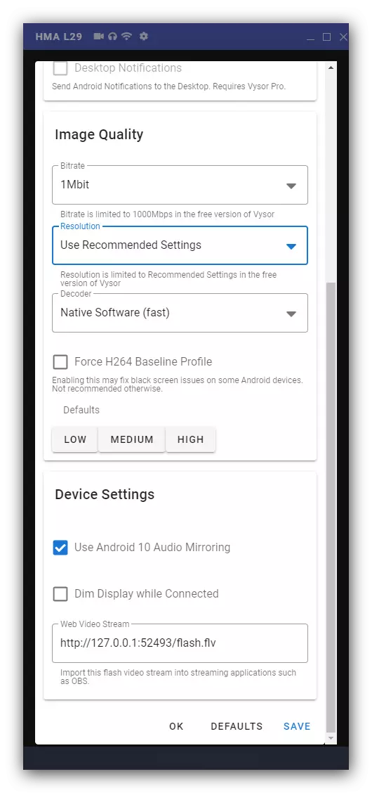 Software settings for Android management from a computer using the VYSOR program