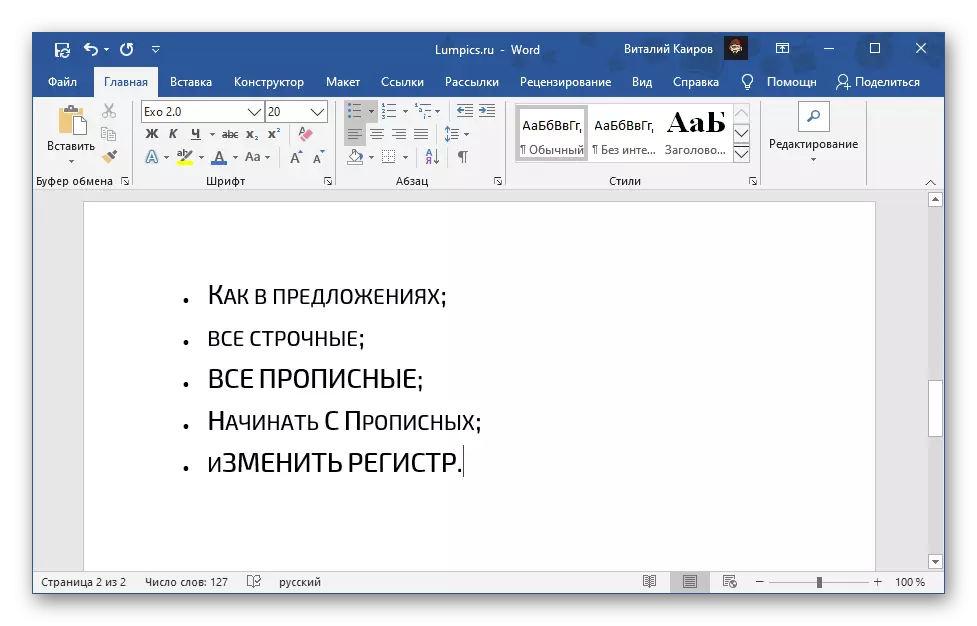 Príklad písania s malým kapitálom v rôznych registroch v programe Microsoft Word