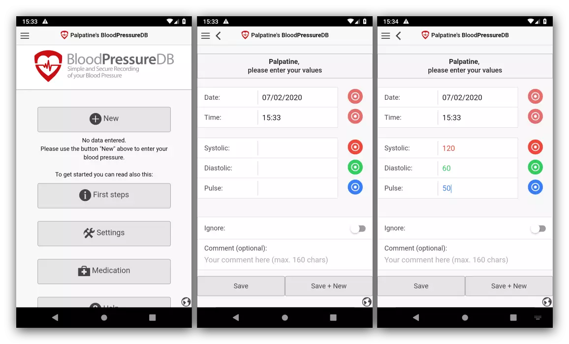 An example of using an application for measuring blood pressure on Android BloodpressureDB