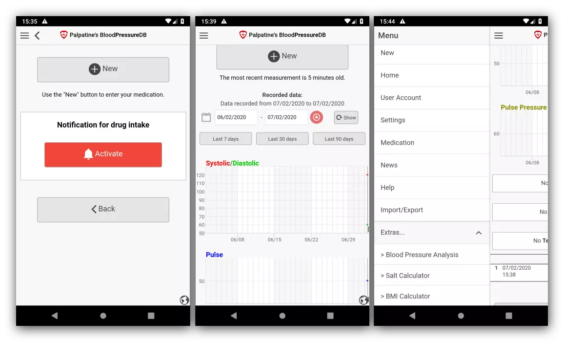 Известувања за лекови и калкулатор во апликација за мерење на крвниот притисок на Android Krealpressuredb