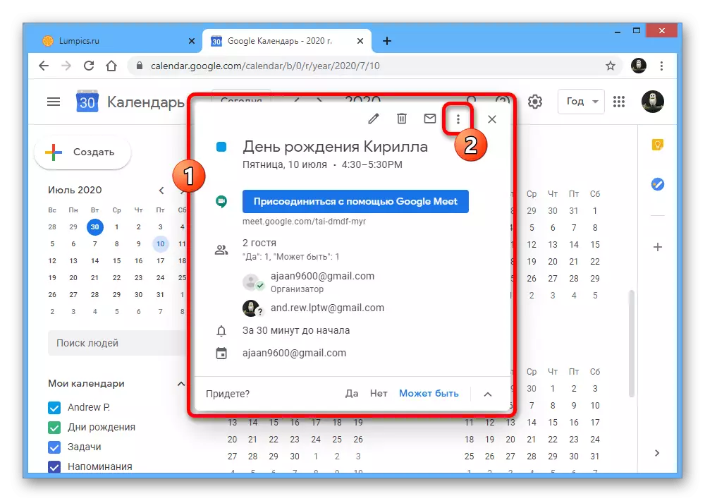 Otevření hlavního menu událostí na webu Google Calendar