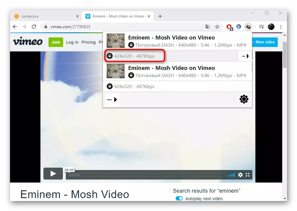 Selecting a roller format via video downloadhelper to download video from Vimeo