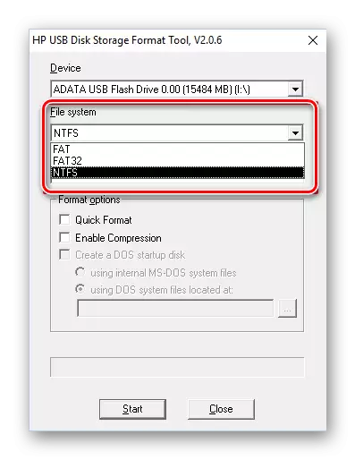 Izbira datotečnega sistema za oblikovanje bliskovnega pogona v HP USB orodju za shranjevanje