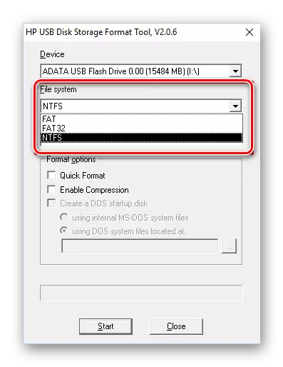 એચપી યુએસબી ડિસ્ક સ્ટોરેજ ફોર્મેટ ટૂલમાં ફ્લેશ ડ્રાઇવને ફોર્મેટ કરવા માટે ફાઇલ સિસ્ટમ પસંદ કરવી