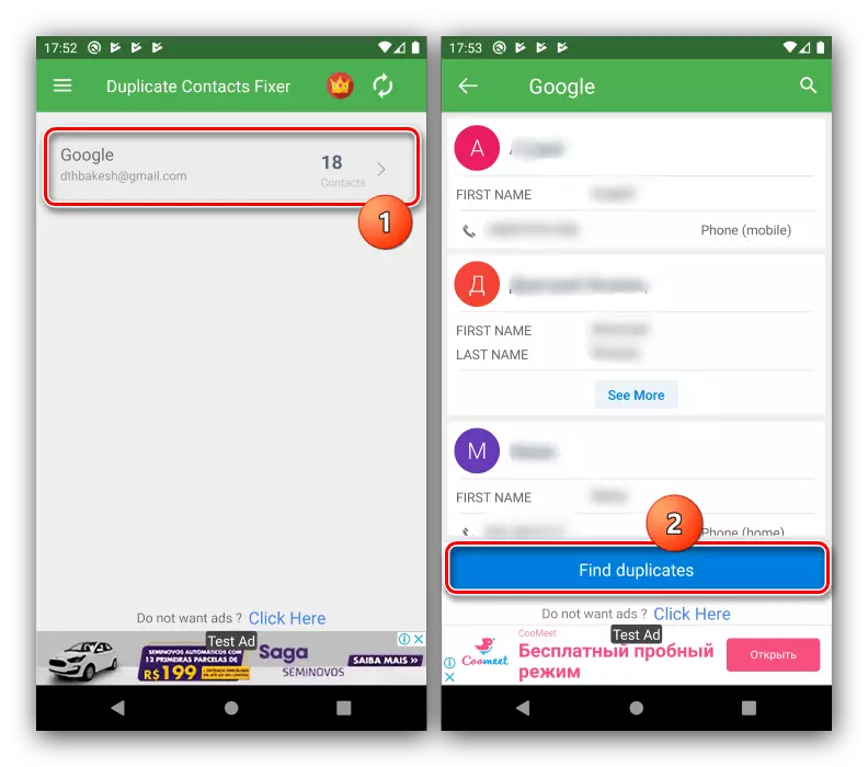 Oop kategorie en begin soek na duplikaat kontakte in Android via Dubbele Kontakte Fixer verwyder