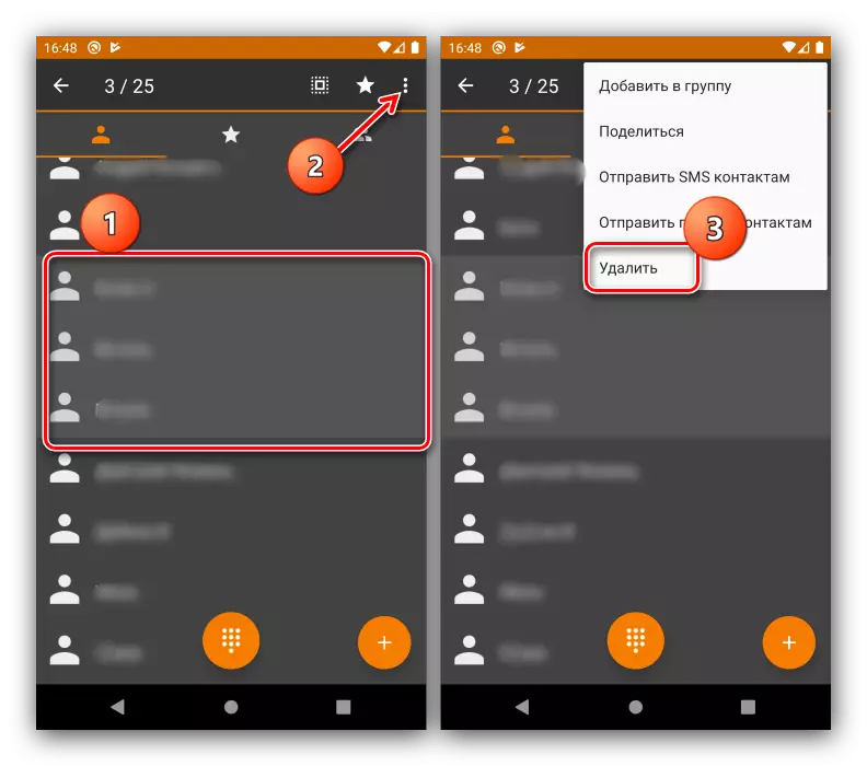 Selección da opción de eliminación de contacto en Android a través de contactos sinxelos