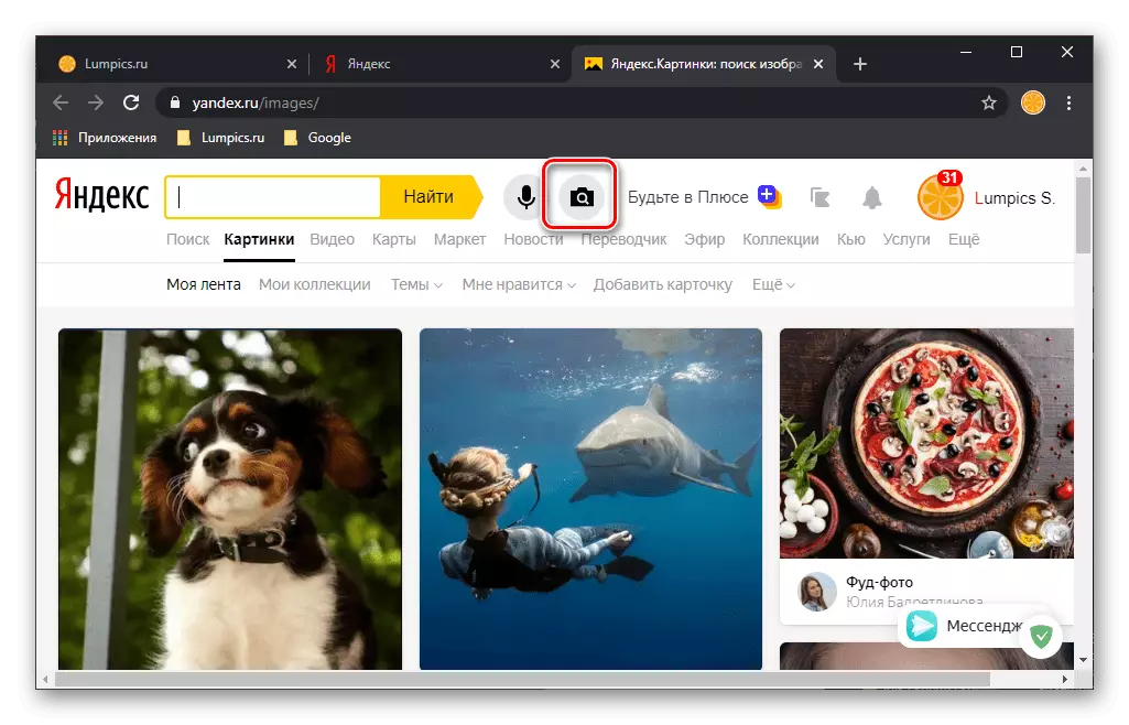 Gumb za iskanje na sliki v Yandexu prek brskalnika