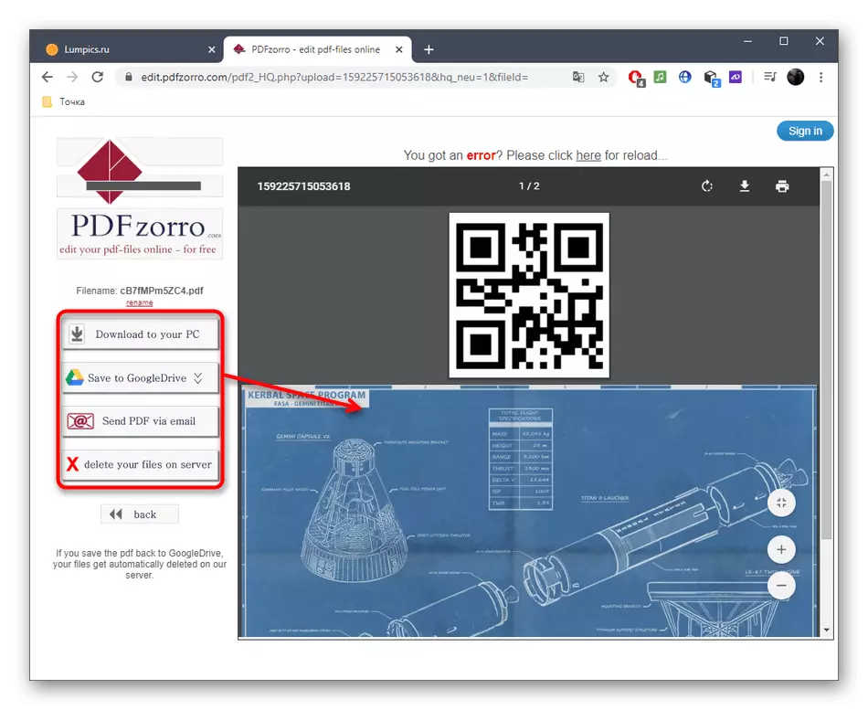 Pag-save ng isang multi-pahina na PDF file sa pamamagitan ng isang online na serbisyo ng PDFzorro