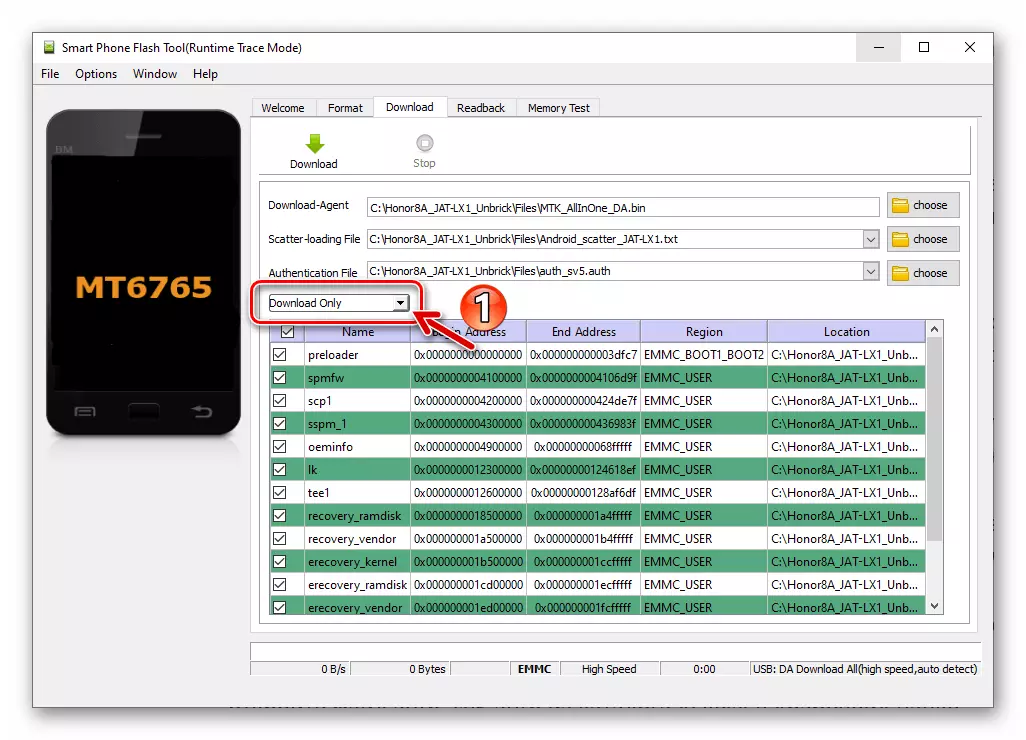 Huawei Honor 8A SP Flash инструмент Изберете режим на фърмуера в програмата