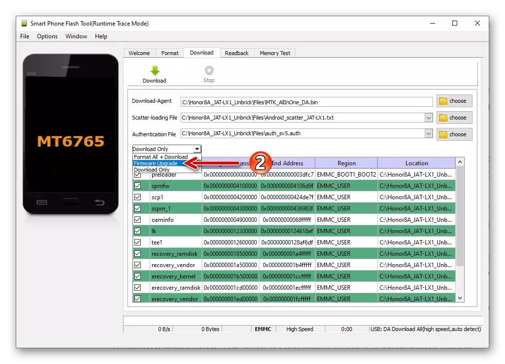Huawei Honor 8A смартфон Restore в режим на надстройка на фърмуера чрез SP Flash инструмент