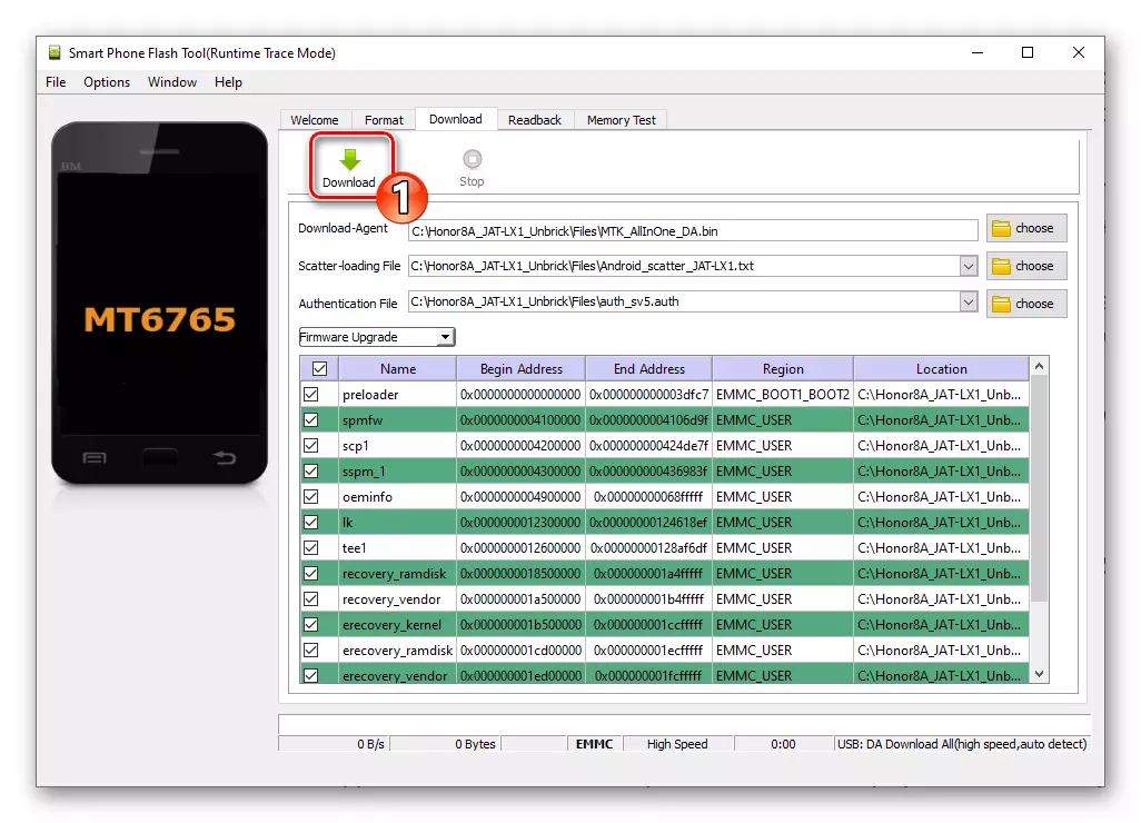 Huawei Honor 8A SP Flash Tool Start Transferir arquivos para um smartphone através de um programa