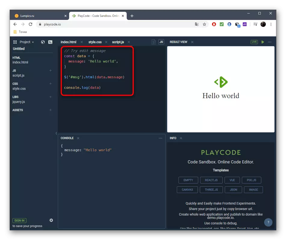 Skatīt JavaScript koda piemēru, izmantojot tiešsaistes PlayCode Service