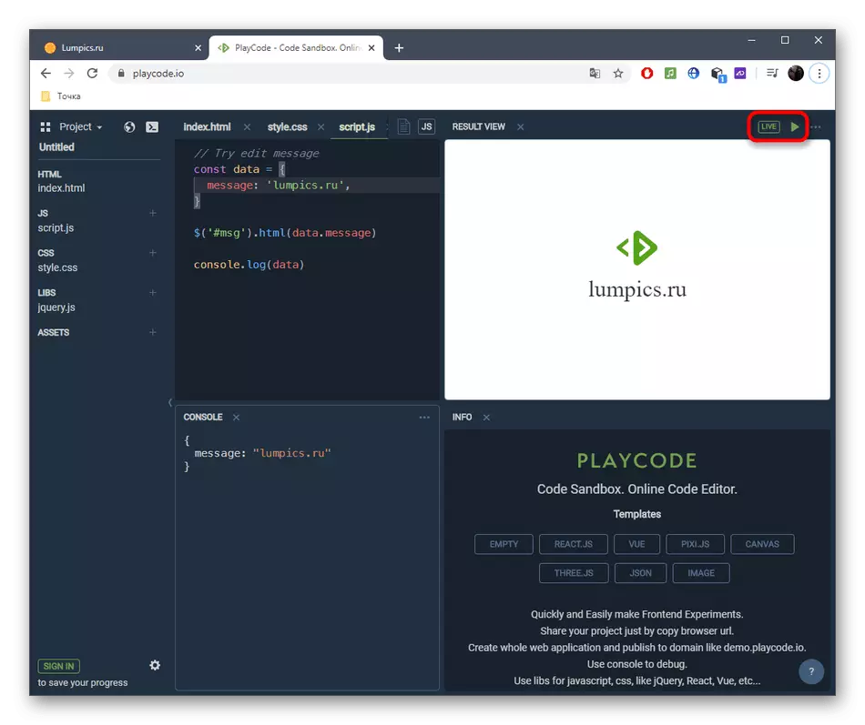 Atspējot JavaScript automātisko apkopošanu, izmantojot PlayCode tiešsaistes pakalpojumu