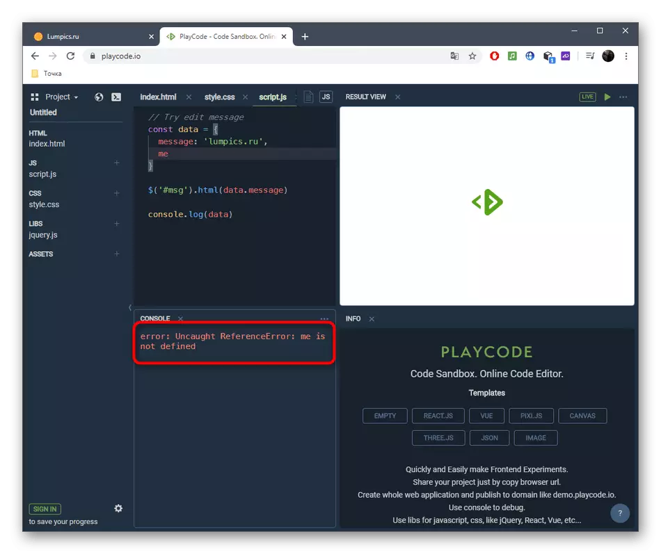 Konsoles apskate Kad rediģējat JavaScript, izmantojot tiešsaistes PlayCode pakalpojumu