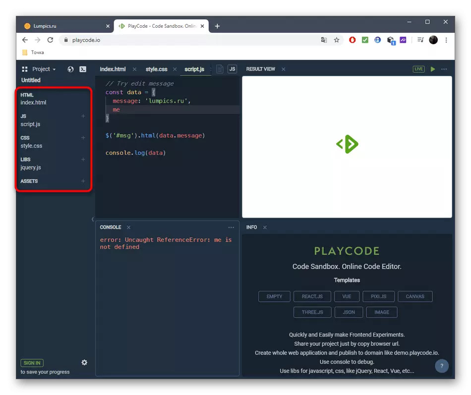 A dokumentumok közötti váltás a JavaScript szerkesztésekor a PlayCode online szolgáltatáson keresztül