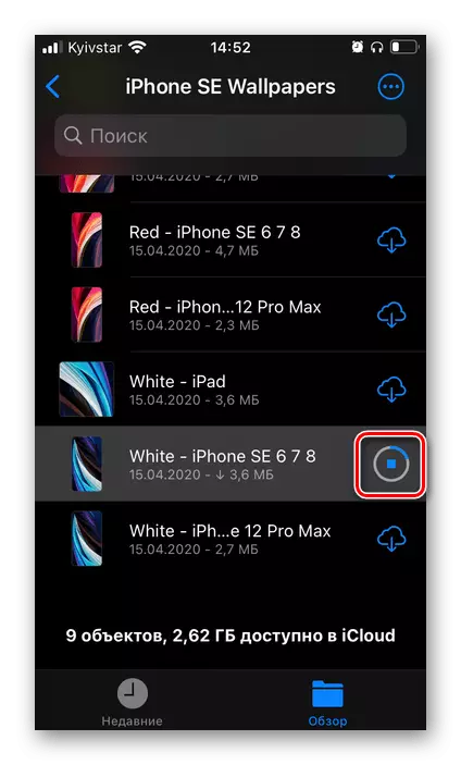 Shkarkimi i një imazhi nga depoja e shkarkimit të iCloud në skedarët e aplikacioneve në iPhone