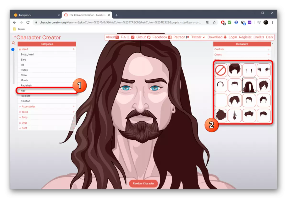 Tuning de cabelo de personagem via serviço de criador de caracteres online