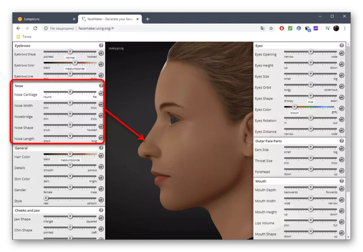 Configuración de un nasal para una cara a través de un servicio de faceemaker en línea