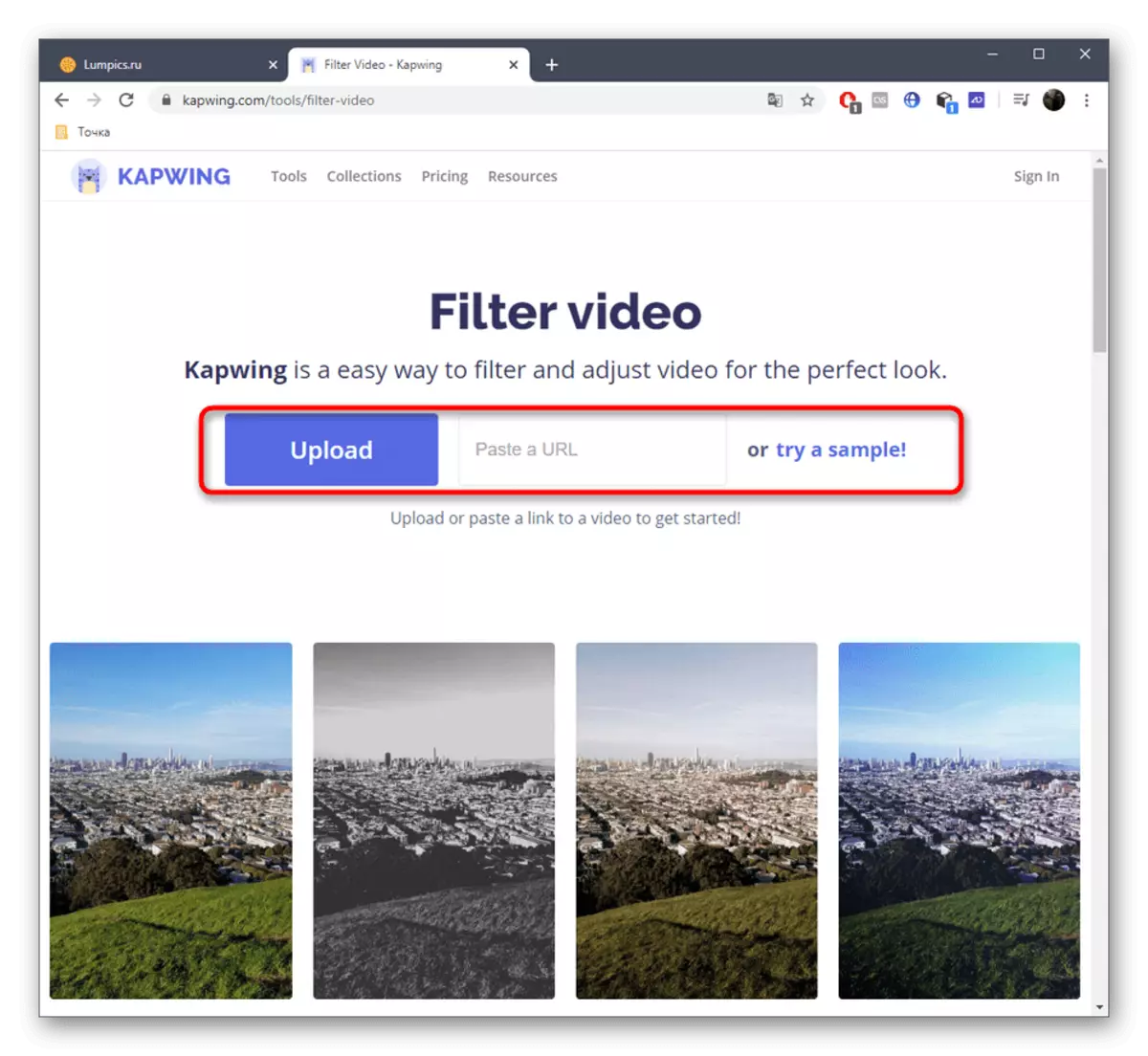 Transisi pikeun nambihan video ka filter overlay via layanan online Kapwing