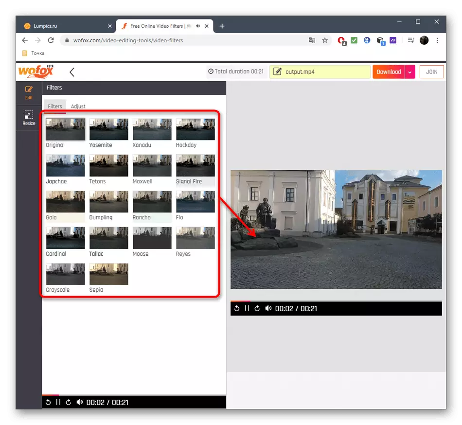 Selectarea unui filtru pentru suprapunerea pe video prin serviciul online WOFOX