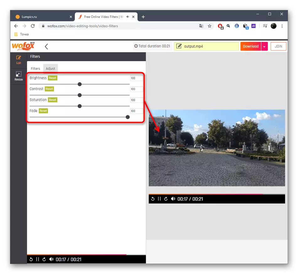 Setarea culorii videoclipului după aplicarea filtrelor prin WOFOX-ul serviciului online