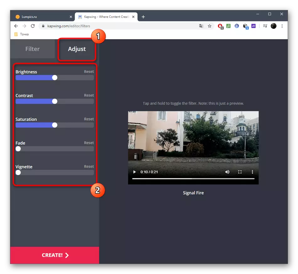 Setting up colors on video via online service Kapwing