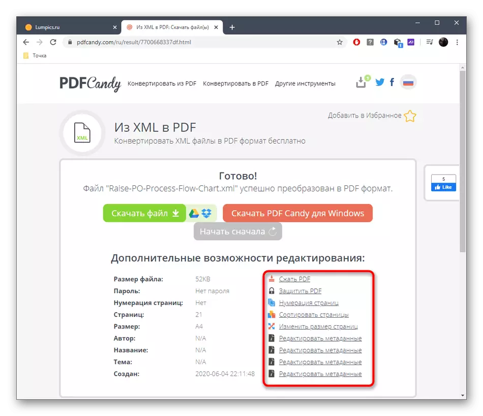Yderligere handlinger med filen, når du konverterer XML i PDF via en online pdfcandy service