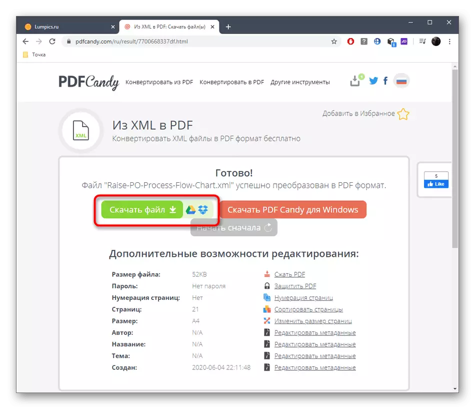 Downloadning af en færdig fil efter konvertering af XML i PDF via en online PDFCANDY service