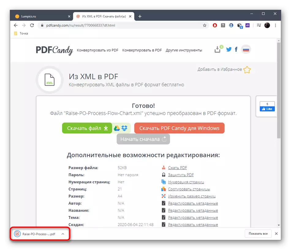 Udane pobieranie gotowego pliku po XML konwersji w PDF za pośrednictwem usługi Online PDFCANDY
