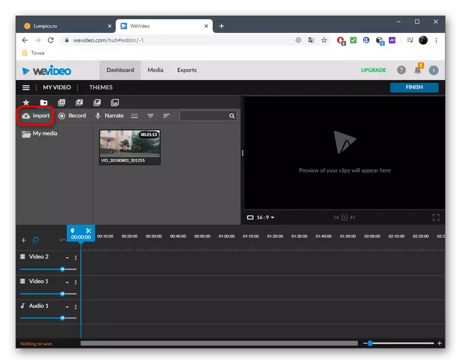 Übergang, um Dateien hinzuzufügen, um Videos durch den Wevideo-Online-Service zu klären