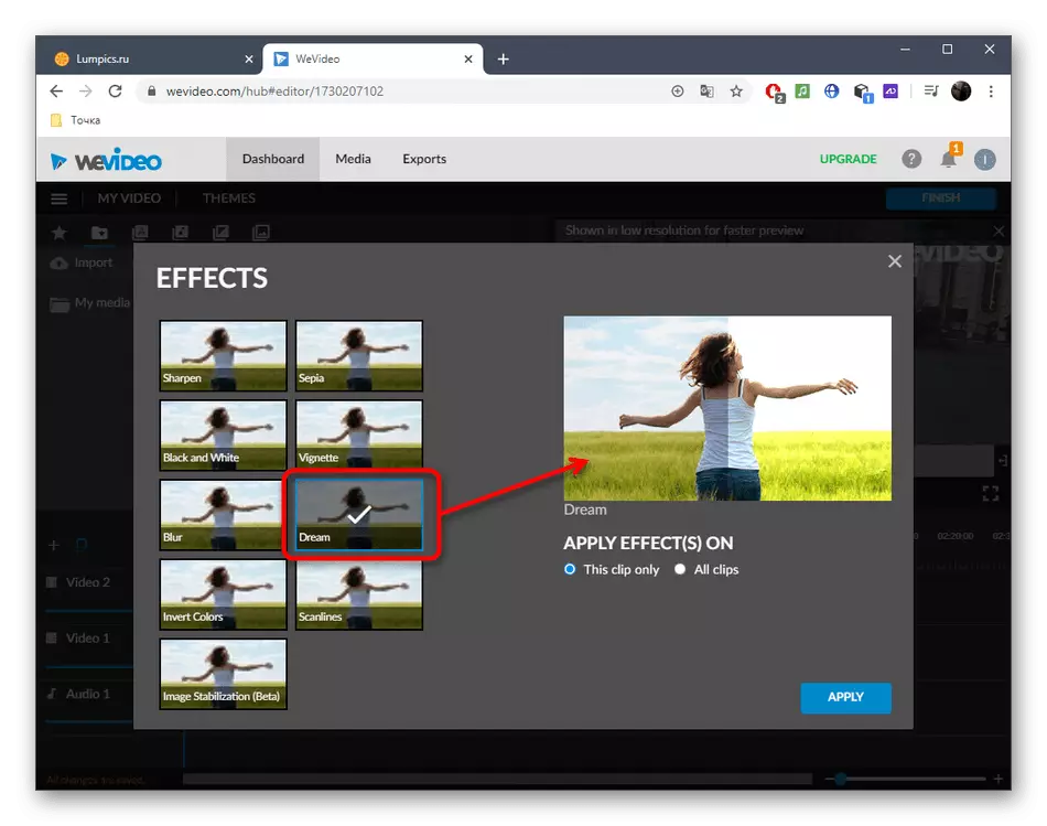 Seleccione el segundo efecto para la aclaración de video a través del servicio en línea WEVIDEO