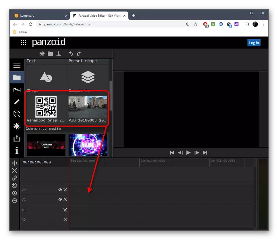 Spostamento dei materiali su una timeline per inserire le immagini in video attraverso il servizio online Panzoid