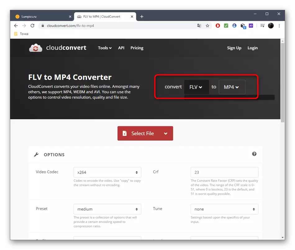 FLV'yi MP4'te Çevrimiçi Hizmet CloudConvert aracılığıyla dönüştürme biçimlerini kontrol edin