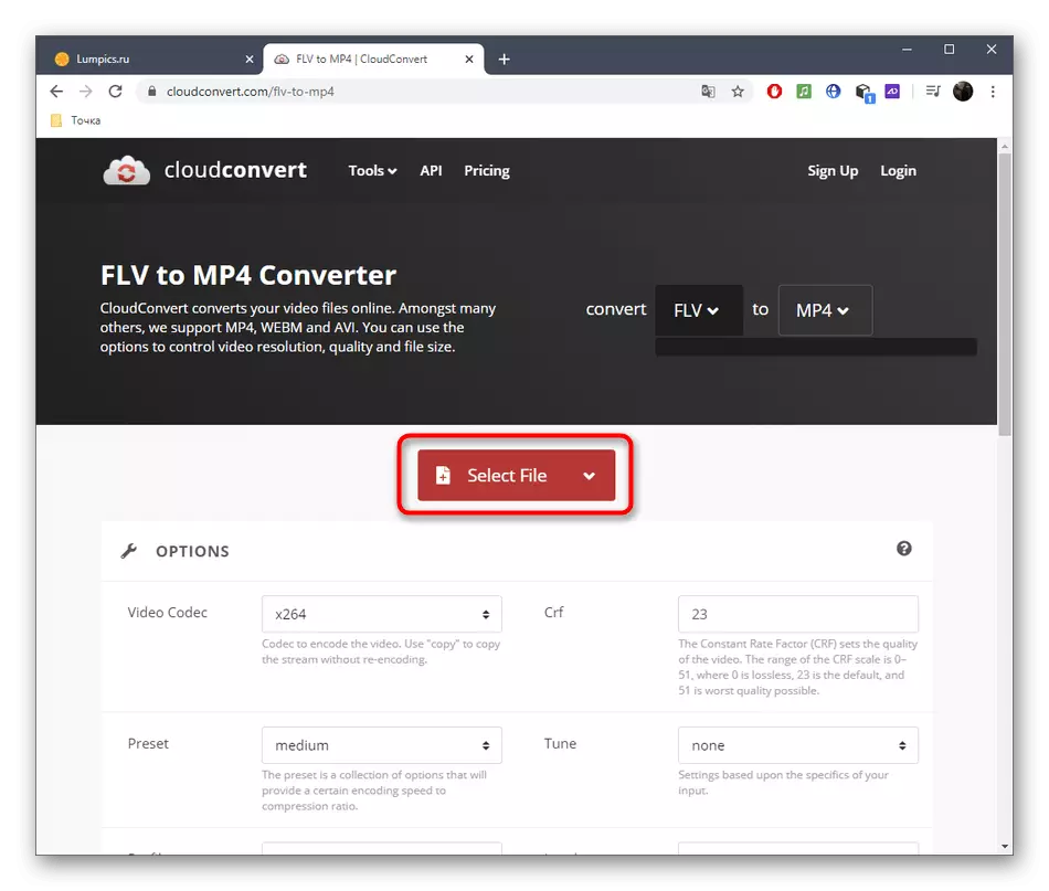 Çevrimiçi Hizmet CloudConvert aracılığıyla FLV'yi MP4'e dönüştürmek için dosyaların seçimine gidin.