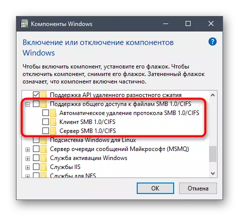 Aktivizimi i SMBV1 në Windows 10 përmes seksionit të aktivizuar të komponentit në programet dhe komponentët
