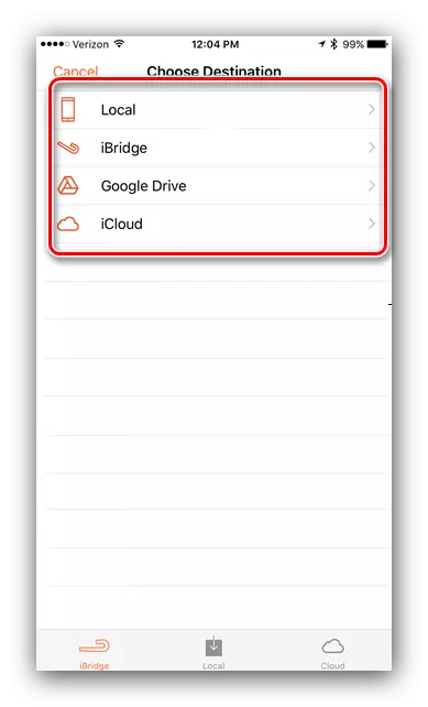 USB फ्लैश ड्राइव पर iPhone के साथ फ़ाइलों की प्रतिलिपि बनाने के लिए LEEF IBRIGE में गंतव्य का चयन करें