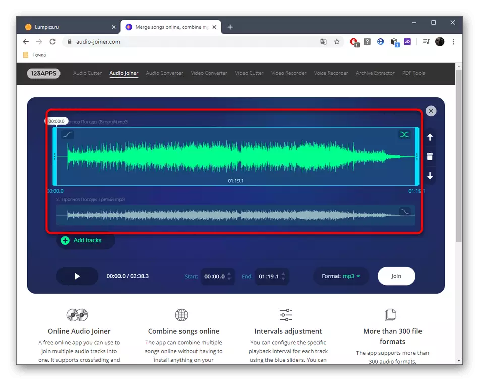Editarea pieselor înainte de a lipi prin serviciul online audio Joiner