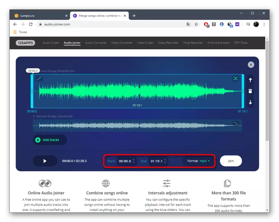 Een indeling selecteren voor een track voordat u via de online Service Audio Joiner lijft