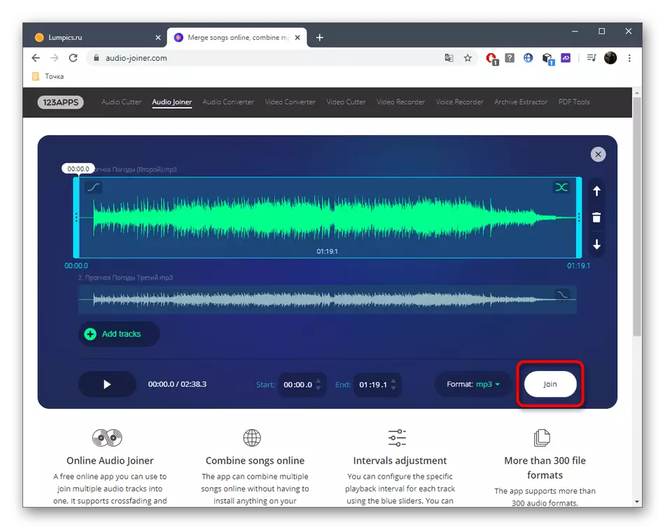 Simula ng mga track sa pamamagitan ng mga online na serbisyo Audio Joiner
