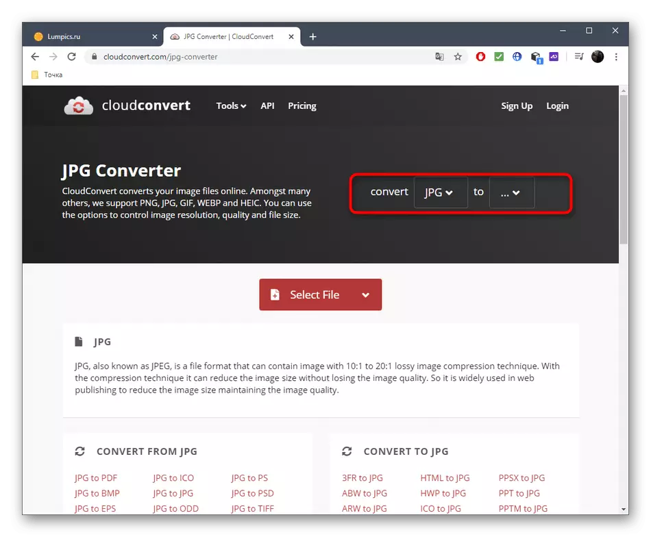 آن لائن سروس CloudConvert کے ذریعے ایک JPG کو تبدیل کرنے کے لئے ایک فارمیٹ کے انتخاب پر جائیں