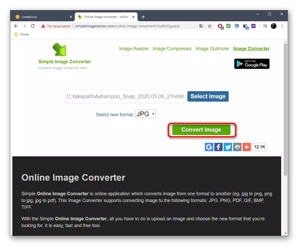 Pagpapatakbo ng JPG Conversion sa pamamagitan ng Online Simple Image Converter.