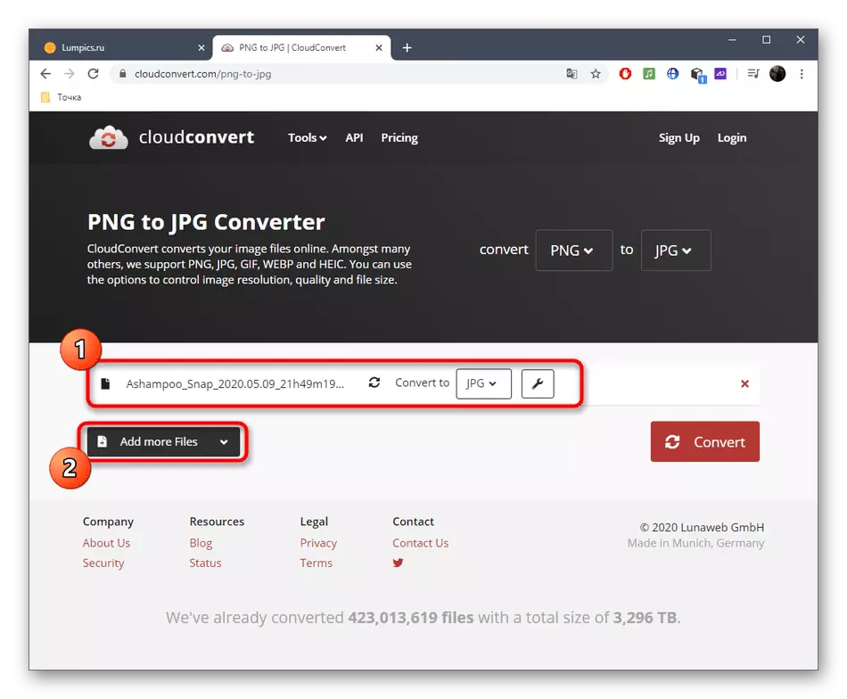 CloudConverter آن لائن سروس کے ذریعے JPG کو تبدیل کرنے کے لئے اضافی فائلوں کو شامل کرنا