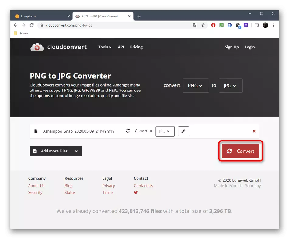 Executando uma conversão de arquivos em um JPG por meio de um serviço on-line CloudConvert
