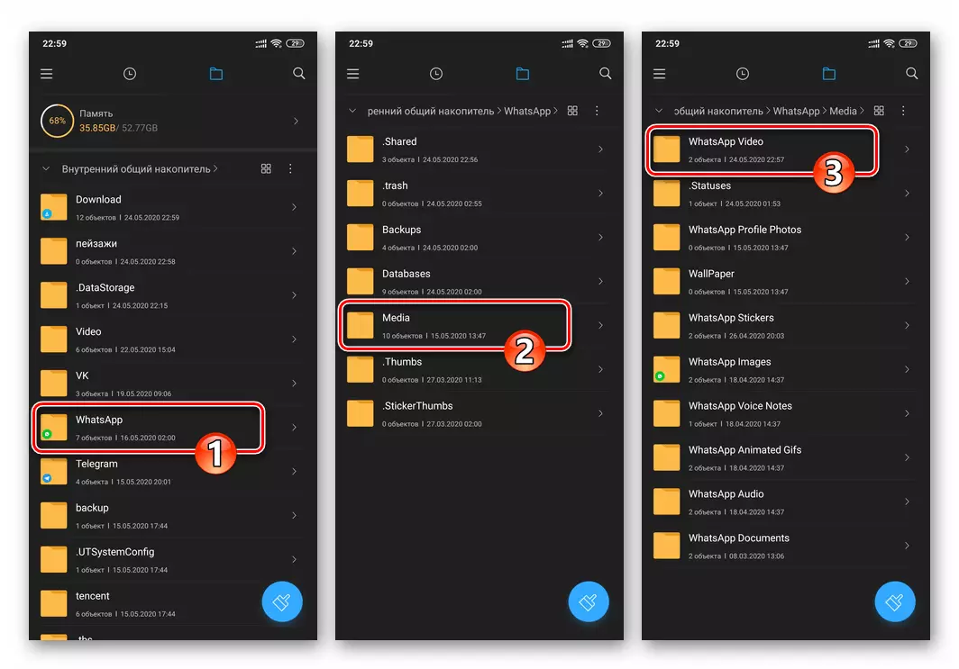 Android uchun Whatsapp - Qurilma xotirasida video rejimidan yuklangan saqlash joyi