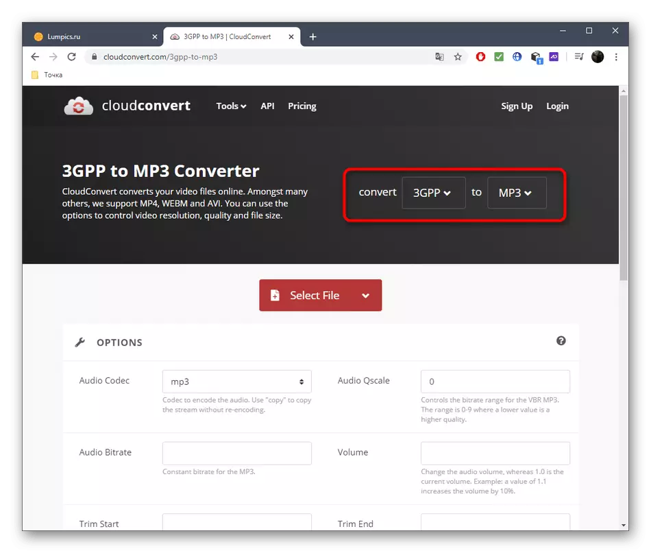 Selección dun modo de conversión de 3GPP en MP3 a través de servizos en liña CloudConvert