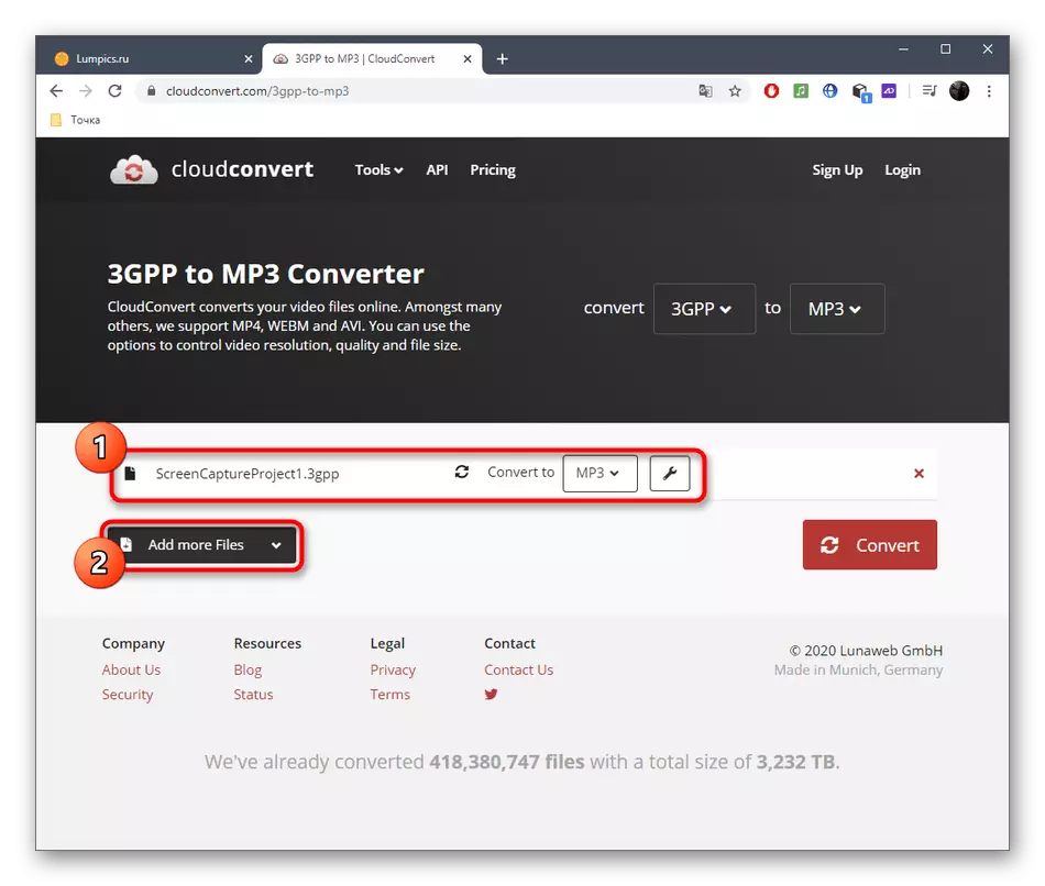 オンラインサービスCloudConvertを介して3GPPをMP3に変換するための追加ファイルを追加する