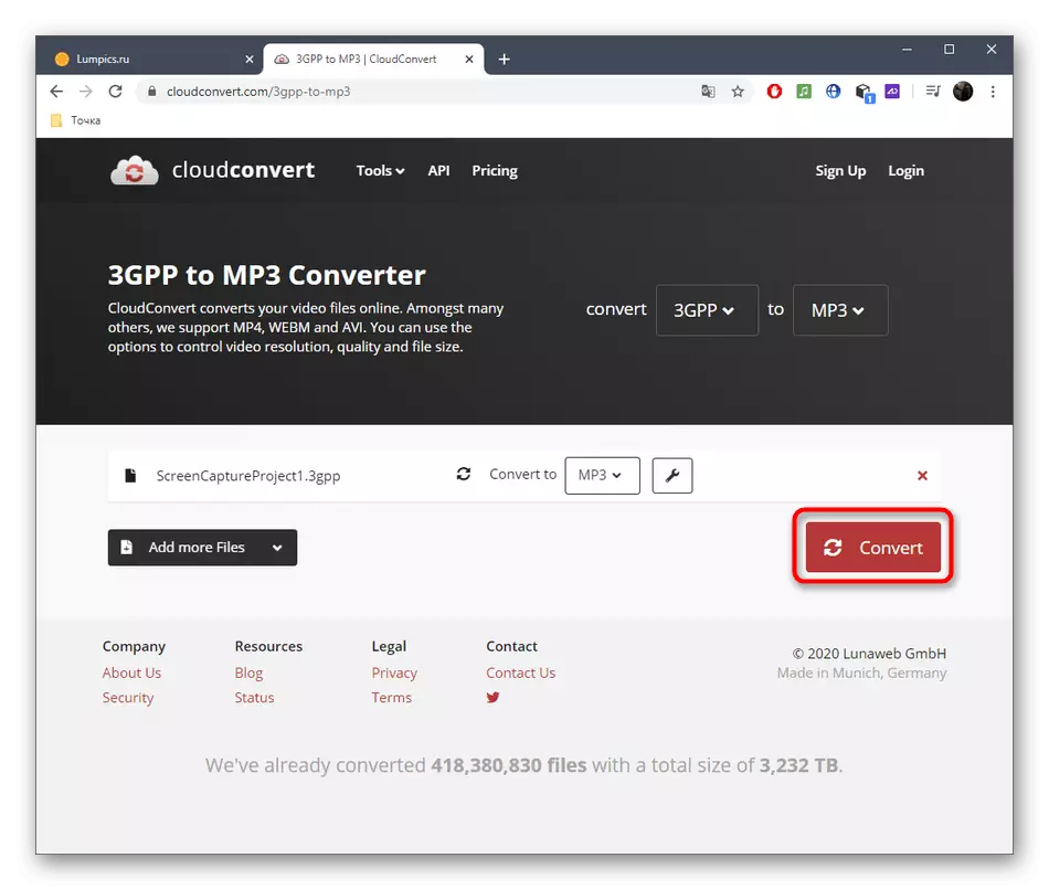 Siirtyminen 3GPP muuntaminen MP3: lle verkkopalvelun kautta Cloudconvert