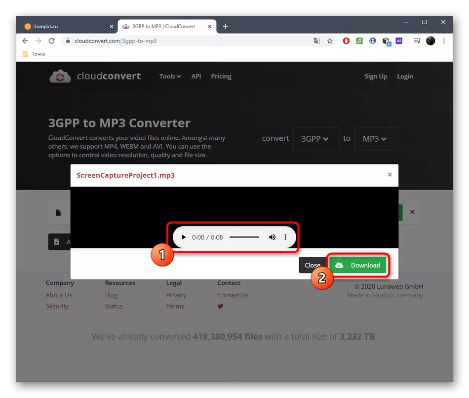 Elŝuta dosiero post konvertado de 3GPP al MP3 per interreta servo CloudConvert